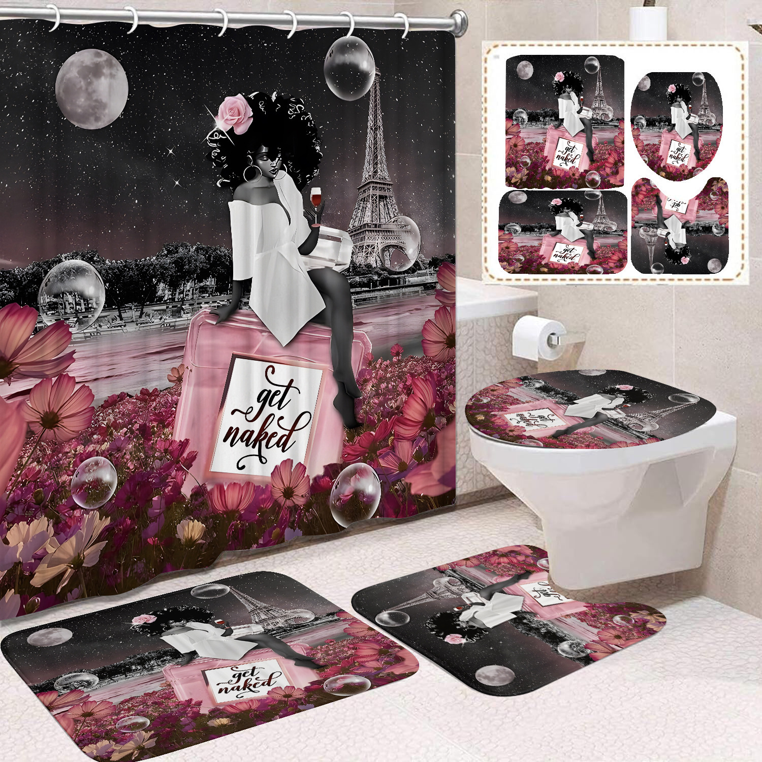 YL-37473 Shower Curtain African Girl Home Bathroom Decorative Curtain Toilet Floor Mat Toilet Non-slip Floor Mat