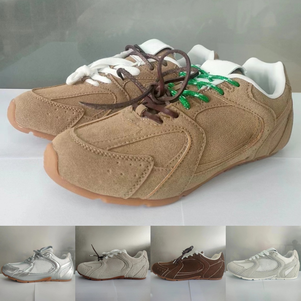 Designer Sneakers Women Khaki Suede Double Shoelace Ballet Flats Mens Trainers Casual Antiskid Ultra Thin Sole Running Shoes Bround Toe Brown Eu 36-45