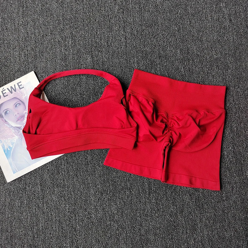 2PCs Peach High Waist Belly Hip Lifting Sports Bras Shorts Suit Gathering Shockproof Neck Halter Yoga Suit Running Fitness Set 251016