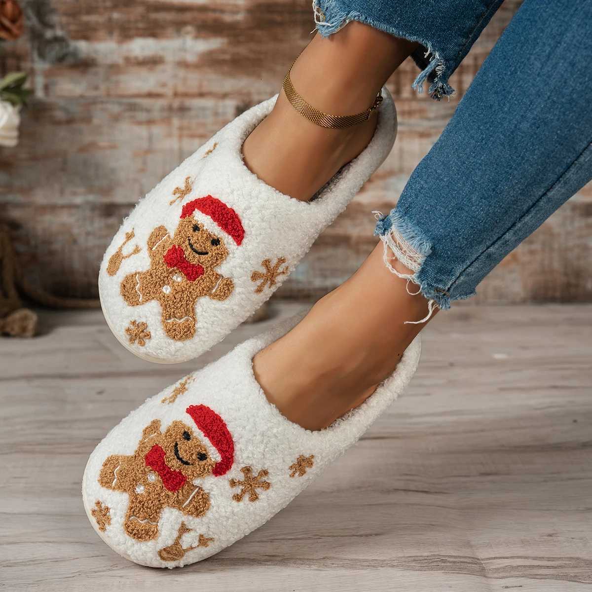 Christmas Winter Indoor Leisure Warm Slippers Embroidery Gingerbread Man Carto Pattern Women Comfy Soft Sole Home Fuzzy ShoesXJ251016
