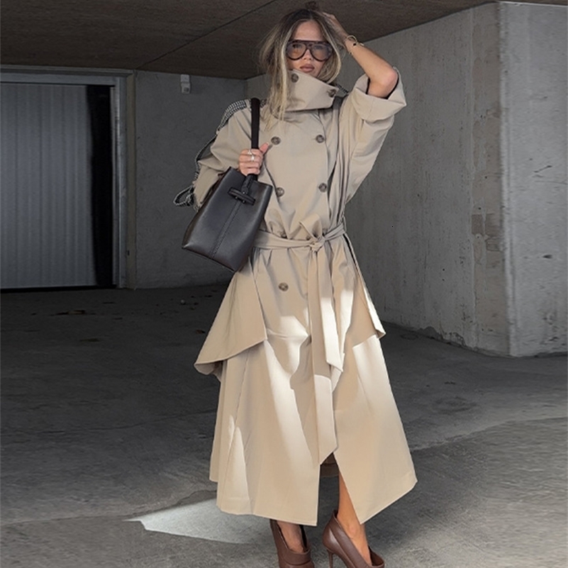 Autumn Winter Elegant High Neck Long Trench Coat For Women Pleated Hem Lace Up Jacket Windproof Overcoat 2025 Lady Outwear 251015