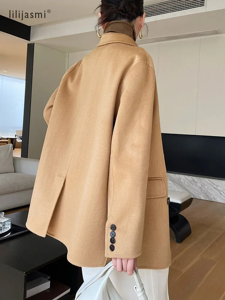 Lapel Wool Short Coat Women 100 Wool Coats DoubleBreasted Autumn Winter Blazer Jacket Ladies 25 251029