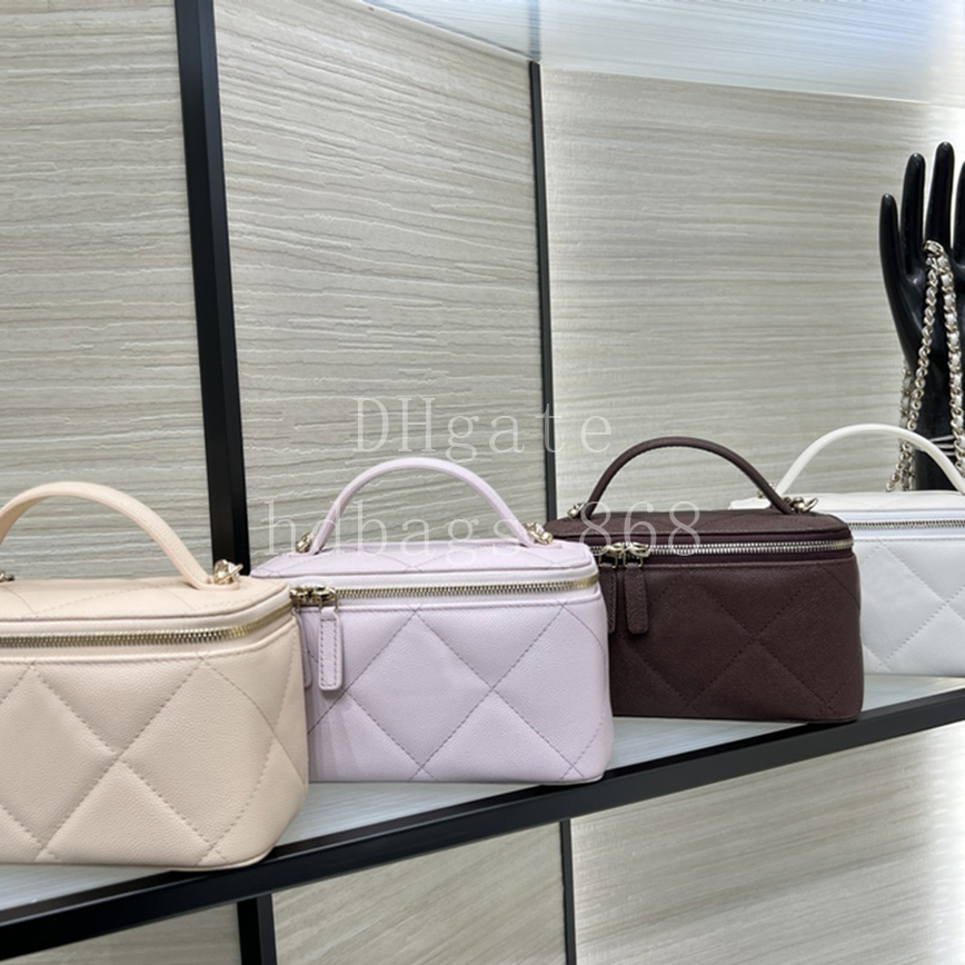 Mirror quality Designer Diamond Lattice Vanity Case Cosmetic Bags With Top Handle Luxury Calfskin Leather Chain Bags Crossbody bags Clutch bag 17CM With Box 24C20Y