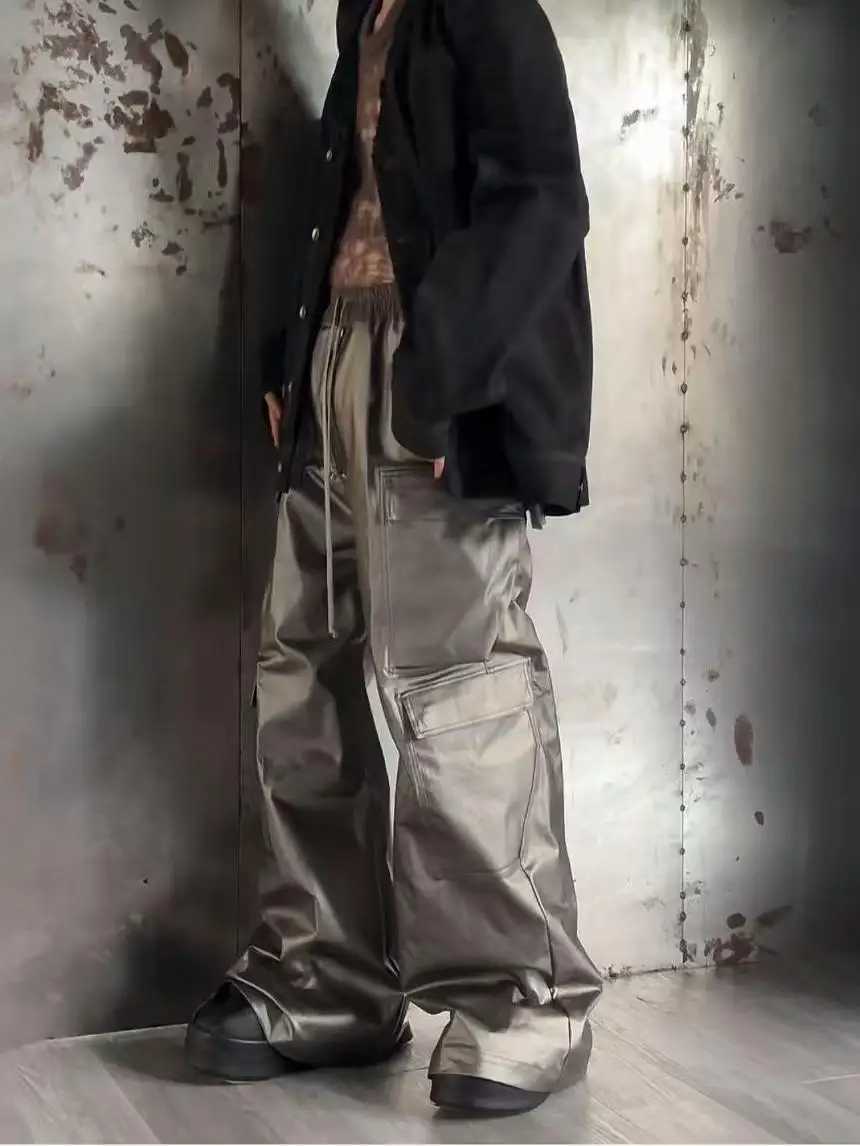 High Street Pants DK Dark Mens Workwear with Multiple Pockets Floor Length Casual Pants Copper Gray Glossy Wide Leg Pants J251203