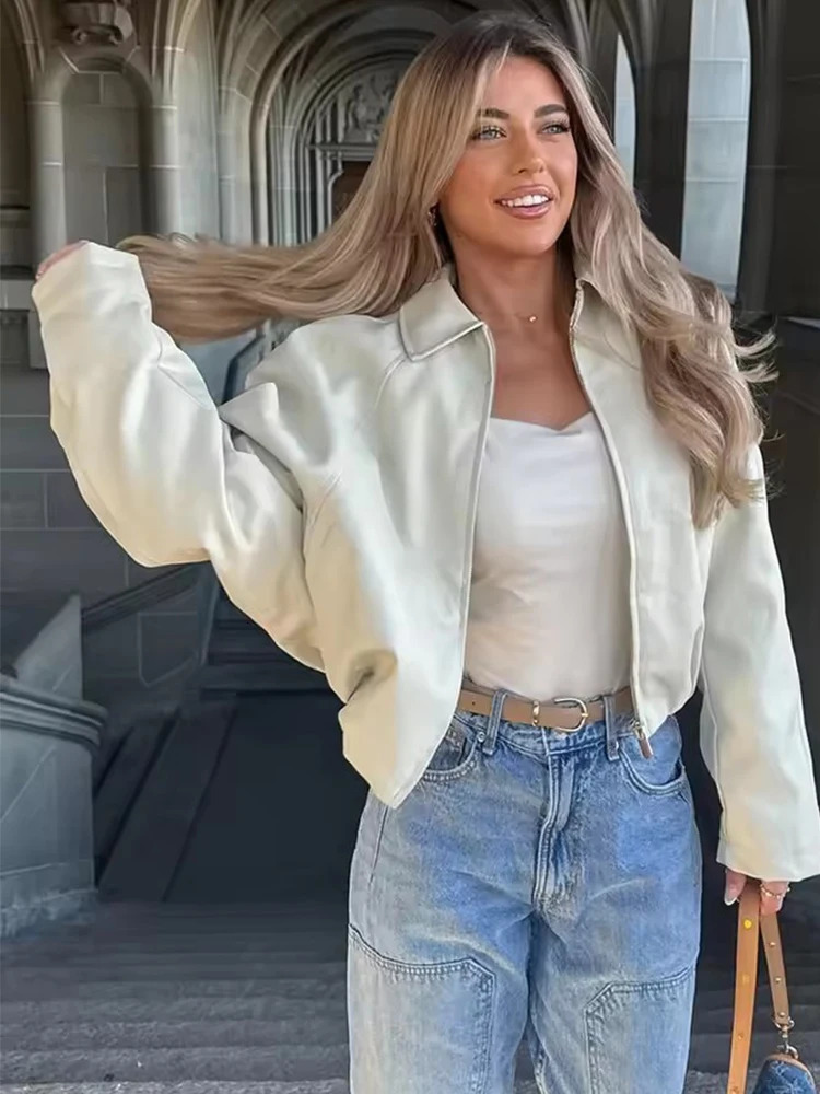 Women Vintage Leather Jacket Autumn Winter Fashion Short Coats Long Sleeve Zipper Jackets High Street Leisure 251013