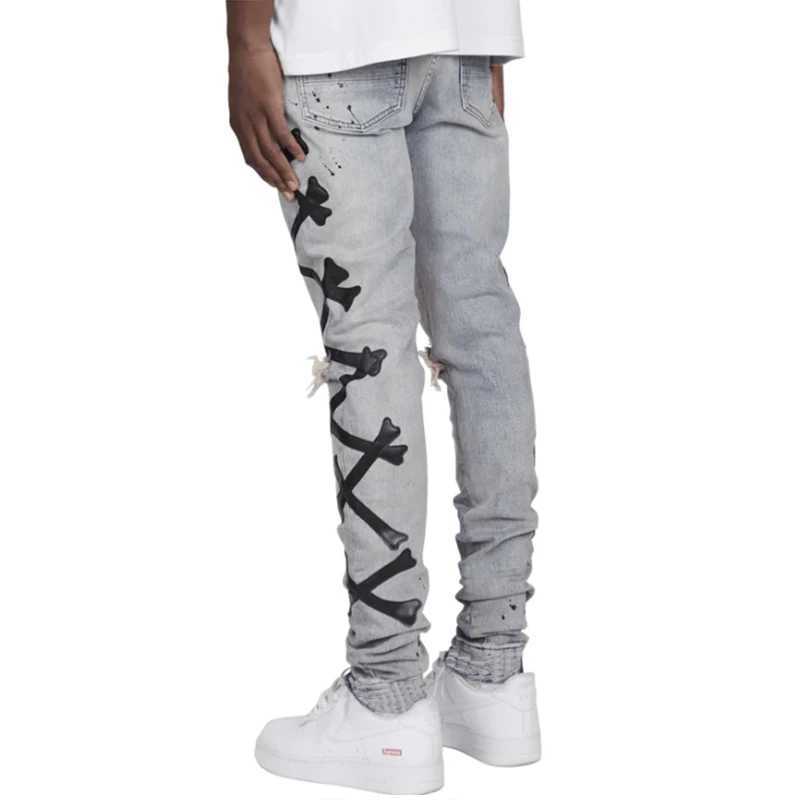 Ripped Jeans For Men Stretch Slim Printed Bones Skinny Pants Men Hip Hop Denim Trousers Streetwear Casual Stacked Jeans Blue J251016