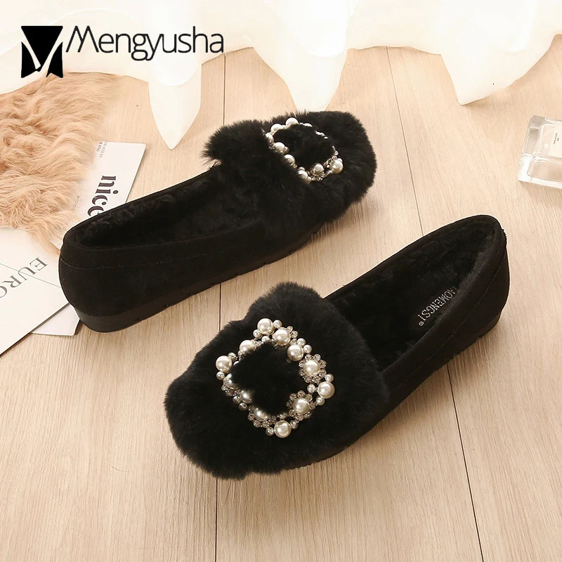Real Rabbit Fur Shoes Woman Winter Plush Cotton Flats String Beaded Buckle Loafers Ladies Plus Size Moccasins Fleeces Snow Shoes 251013