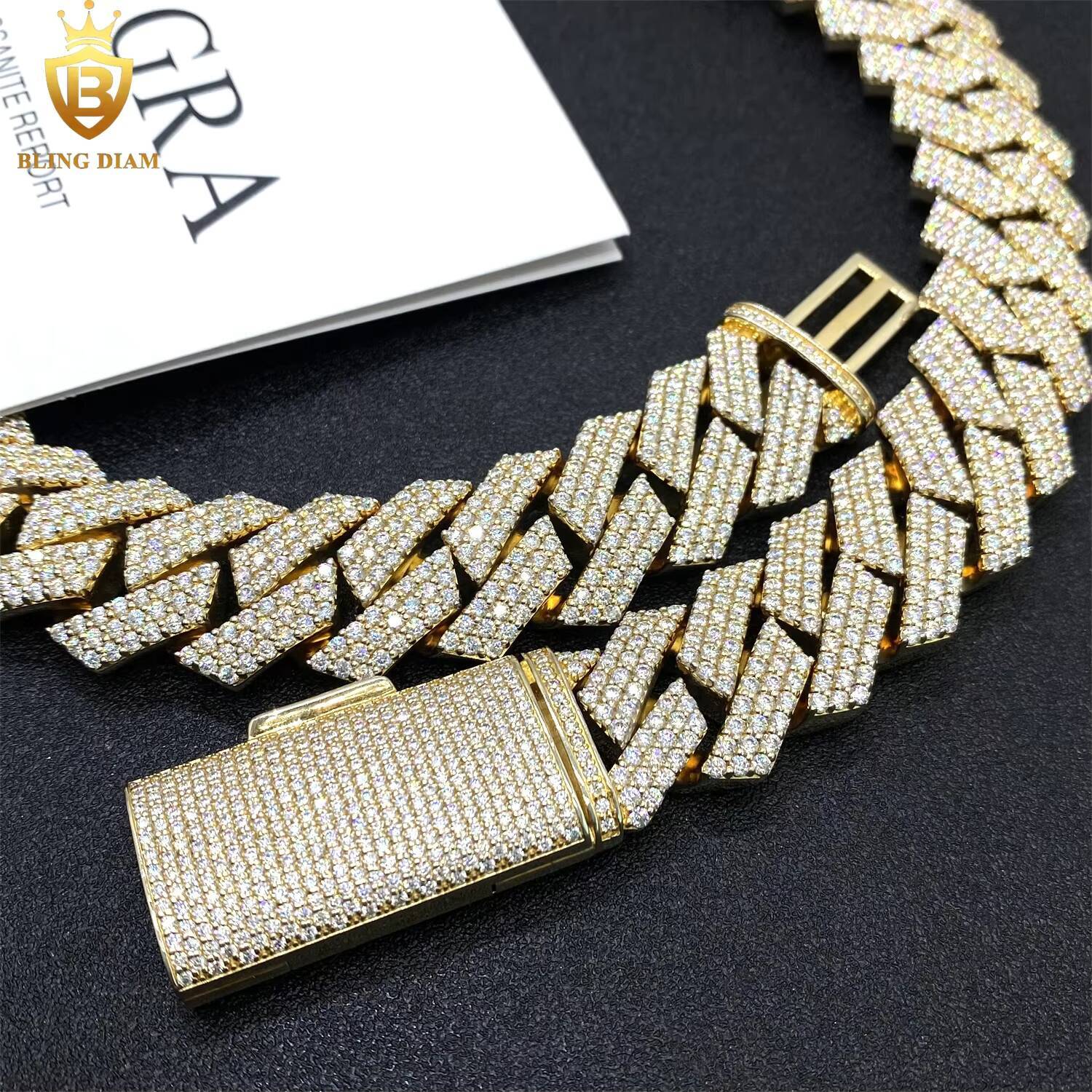 20mm Gold Plated Miami Hip Hop Jewelry Cuban Link Chain 925 Silver 3 Rows Moissanite Iced Out Pass Diamond Tester