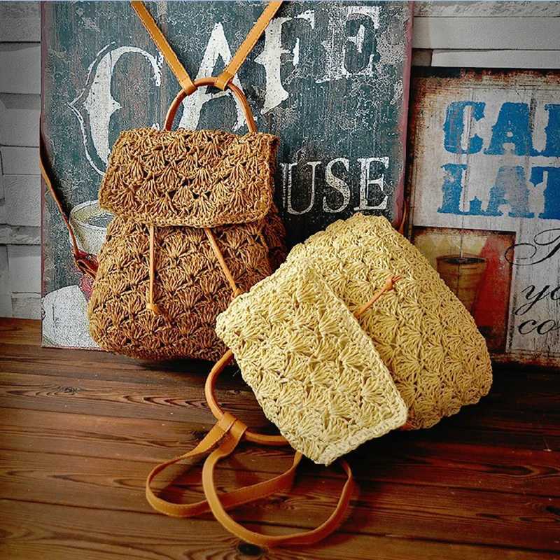 Beach Womens Backpacks Summer Straw Bags Drawstring Hollow Out Handmade Knitted Travel Backpack Design For Girls B018T251016
