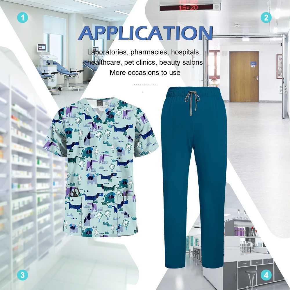 Niaahinn Surgical Uniforms Woman Unisex Printed Vneck Short Sleeved Top Solid Color Straight Pant Set Men Elastic Nurse Uniform X2510161