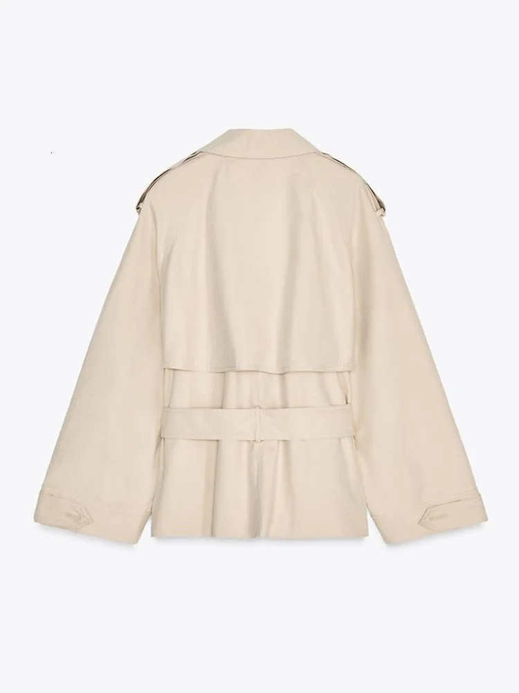 Autumn Womens Cropped Trench Coat Lace Up Apricot Lapel Full Sleeves Loose Thick Jackets 2025 Fashion Lady High Street Outwears 251030