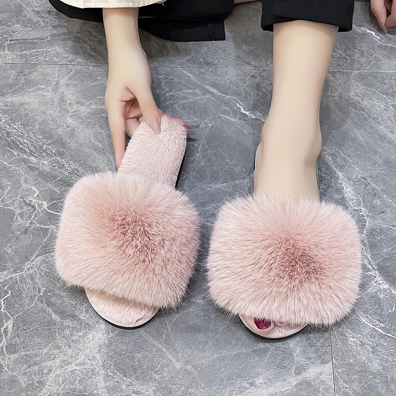 Womens Home Slippers Winter Pink Fur Kawaii Flats Furry Elegant Comfortable Soft Shoes for Woman and Low Price 251013