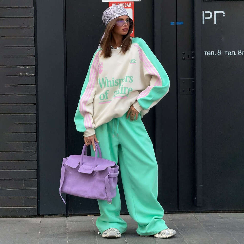 American Street Style Color-Block Printed Sports Sweatshirt Set For Women, Round Neck Loose Long Sleeve Pullover Top With Drawstring Wide-Leg Pants B5