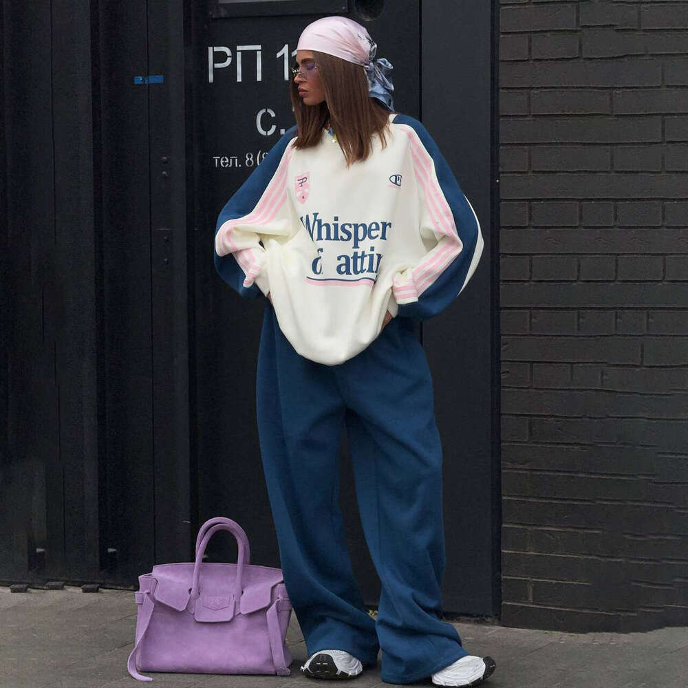 American Street Style Color-Block Printed Sports Sweatshirt Set For Women, Round Neck Loose Long Sleeve Pullover Top With Drawstring Wide-Leg Pants B5