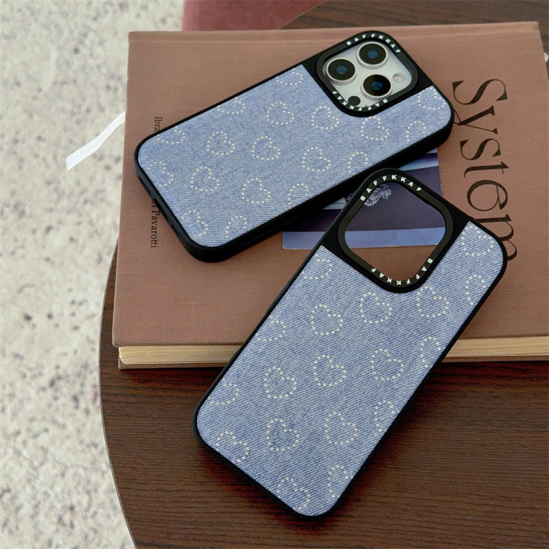 Trendy Black Frame Denim Silver Heart iPhone 17/16 Compatible iPhone15/14/13 Pro Max Phone Case Cover