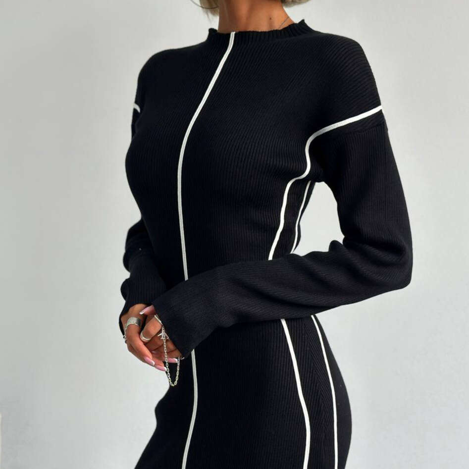 French Style Lazy Half High Collar Striped Color Block Slim Fit For Women High-End Mid-Length Bodycon Dress Autumn B5