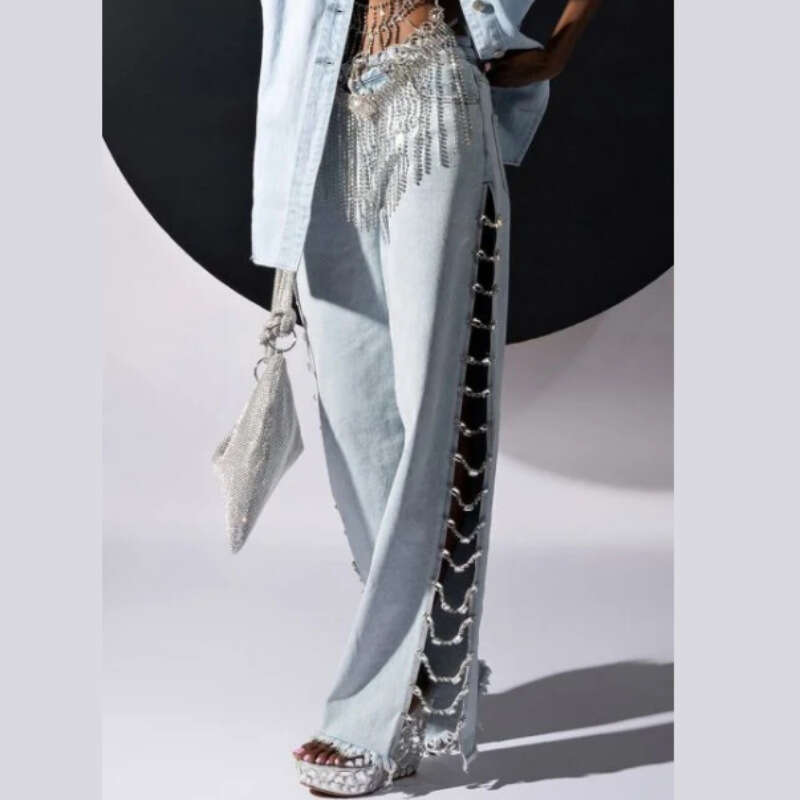 Long Chain Hot Girl Jeans Thin Straight Summer Slim Side Slit Casual Loose Wide Leg Pants B5
