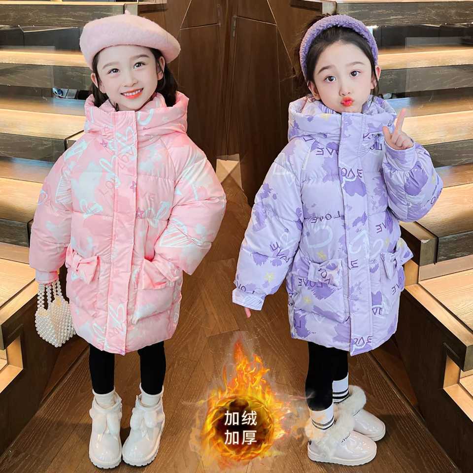 Girls Warm Down Cotton Jacket 2025 Winter Children Letter Heart Printed Hooded Coat Teen Windproof Skiing Suit Parka OuterwearT251016
