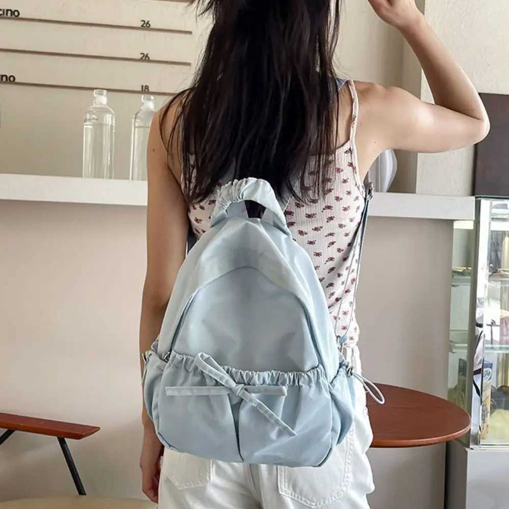 Fashion Handbag Bow Backpack Korean Style Solid Color Nylon Backpack Large Capacity Wrinkle Shoulders Bag TravelT251016