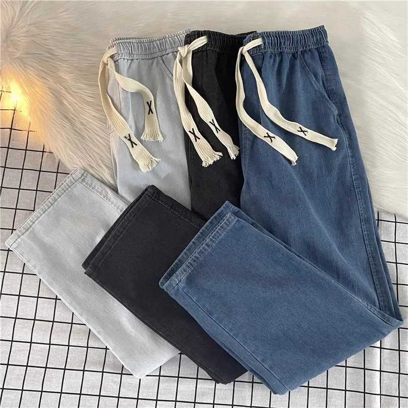Loose Wide Leg Thin Denim Jeans Mens Summer Trendy Brand Casual Long Pants Harlan Sle Dstring Waist Regular Thin J251016