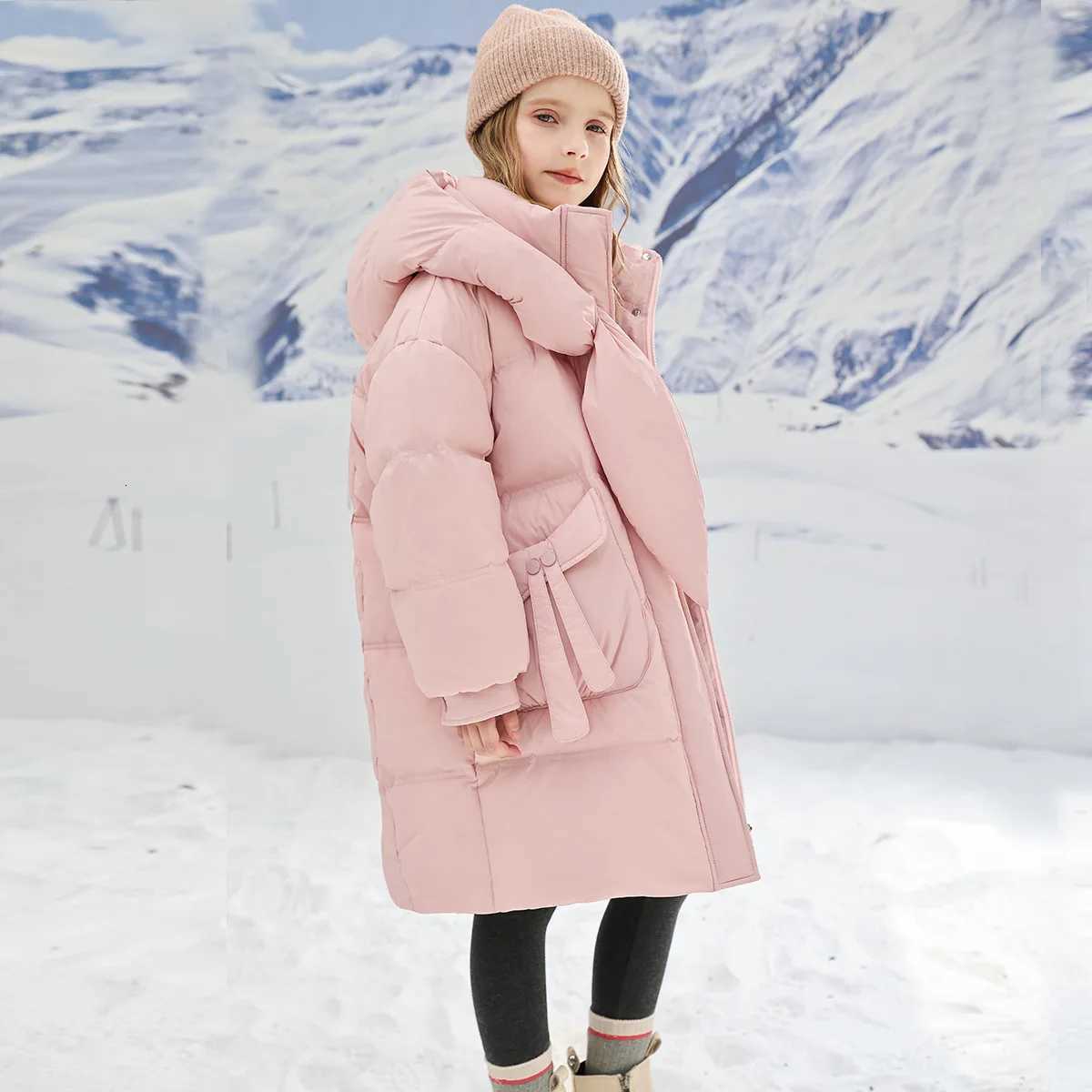 Teenage Girls Winter New Pink Scarf Hooded with Thick Fleece Windproof and Warm Fashion Long Cotton Jacket for 412 YearsT251016