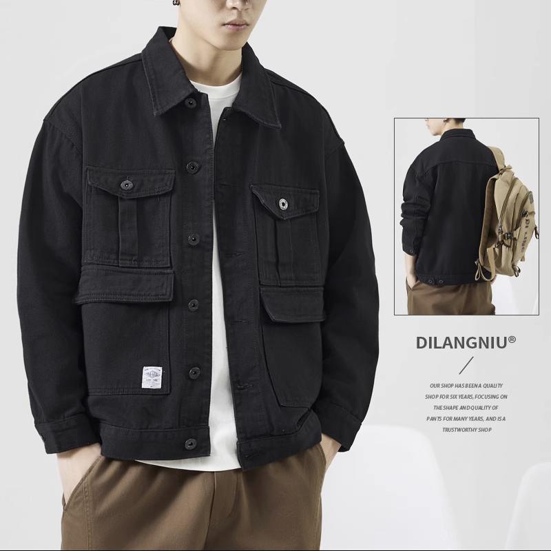 High-end work wear jacket for men, spring and autumn trendy brand, loose American retro lapel jacket, casual and cool denim