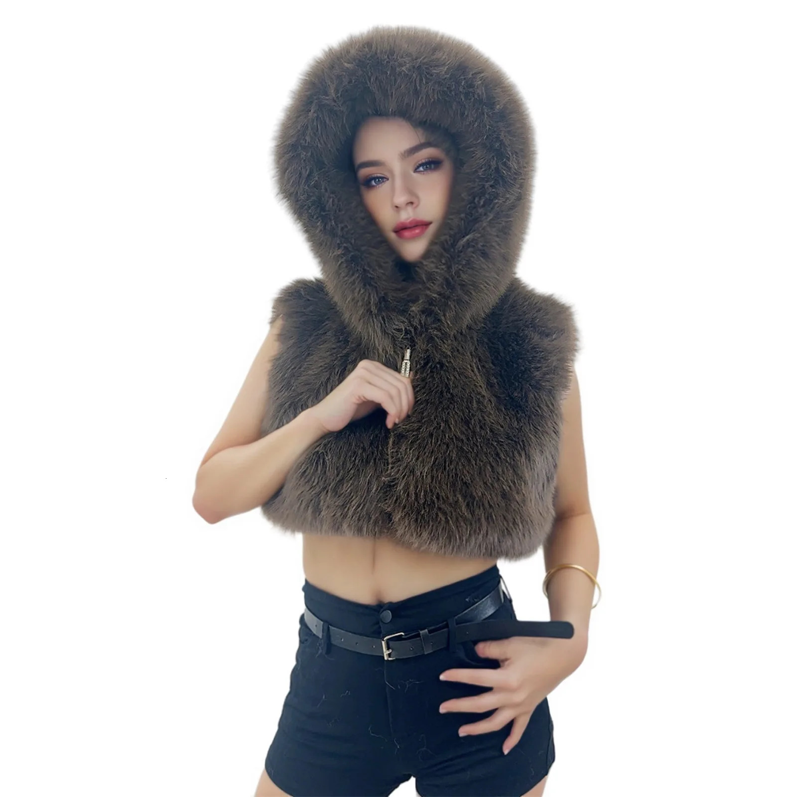 Sexy Faux Fur Hooded Cropped Vest Tops Spice Girl Autumn Winter Fashion Elegant Women Sleeveless Short Vest Jackets 251015