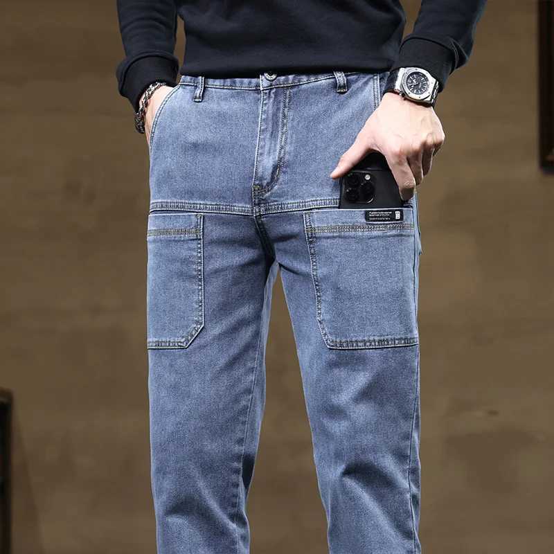 Versatile Six-Pocket Design Jeans Mens Loose Straight Leg Pants Stretchy Comfortable for Outdoor Hiking Activities All Seasons D2603201