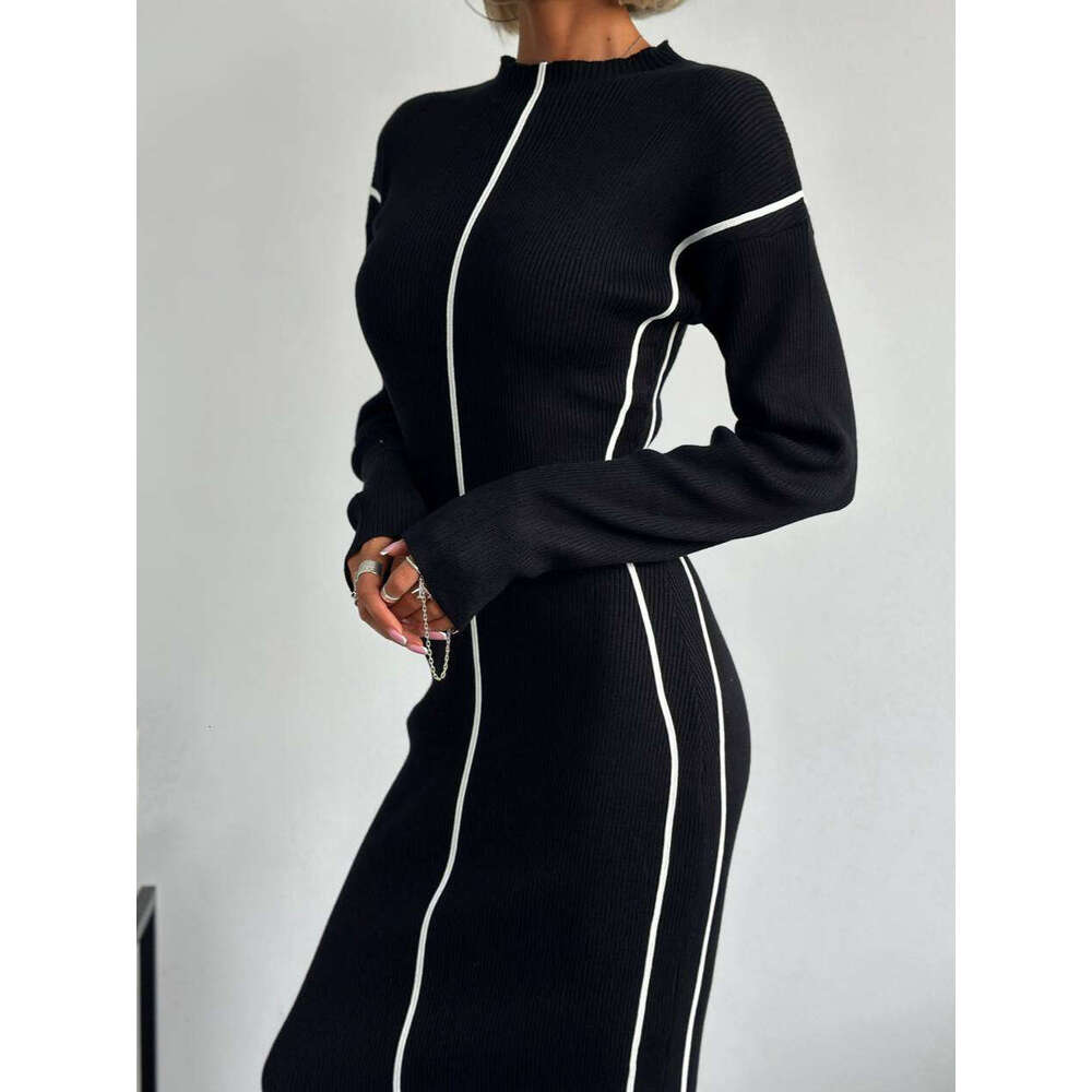 French Style Lazy Half High Collar Striped Color Block Slim Fit For Women High-End Mid-Length Bodycon Dress Autumn B5