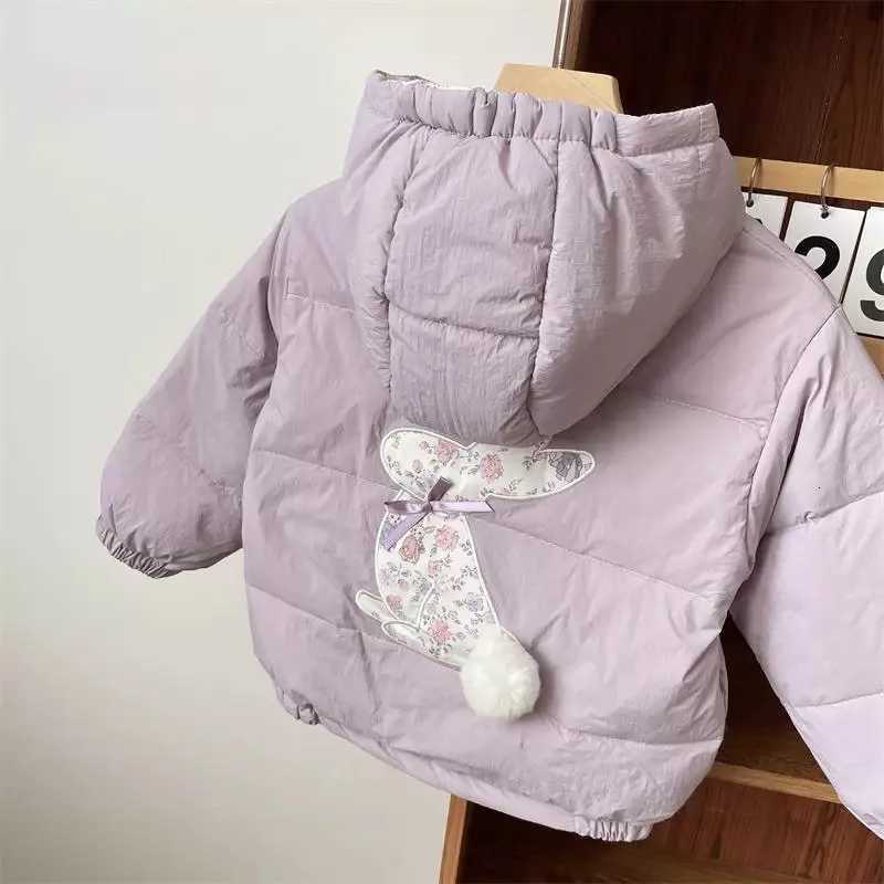 Children Two Sides Wear Down Jacket 2025 Winter Baby Girls Sweet Floral Rabbit Print Thickened CottonPadded Warm Hooded ParkasT251016