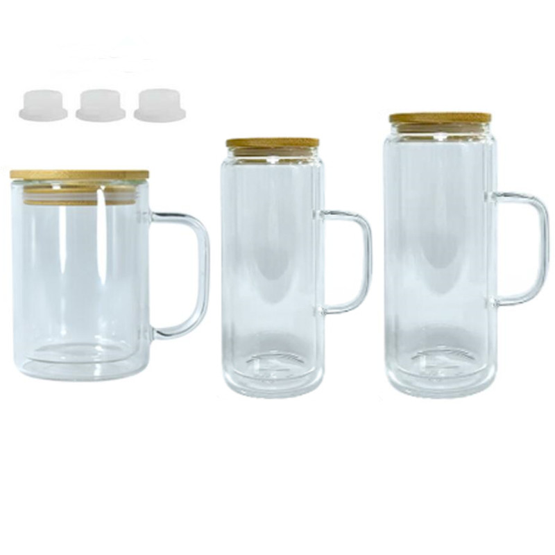 12oz 15oz 16oz Sublimation Snow Globe Glass Cups Tumbler With Handle Double Wall Juice Jar Drinking Mug Tumbler With Bamboo Lids Pre-Drilled Hole & Silicone Stopper