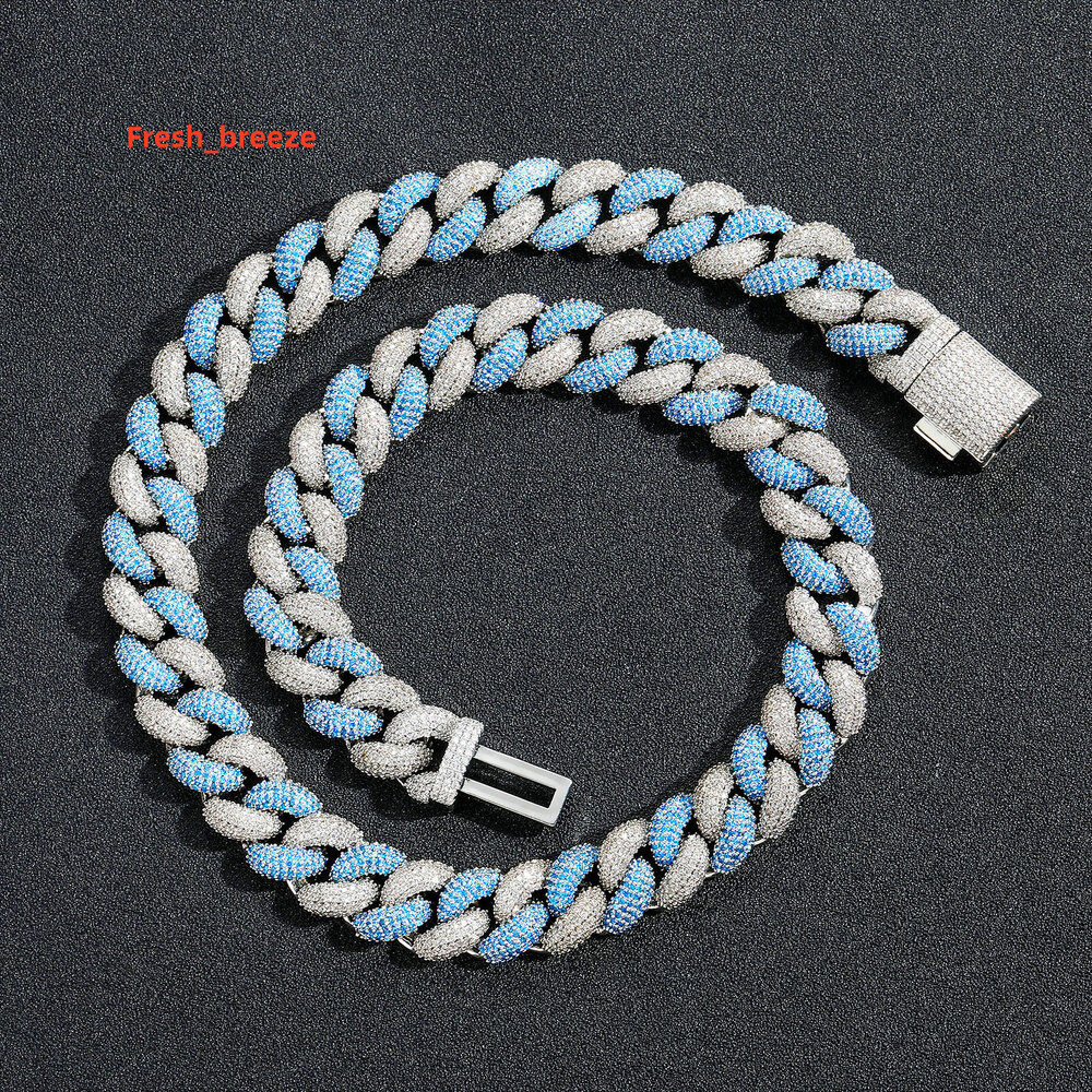 14MM Blue Stylish Streetwear Jewelry Brass Two Tone Iced Out Cuban Link Chain Necklace for Men