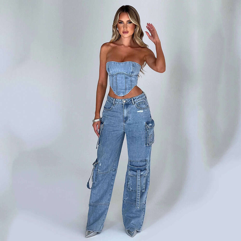 Long Hot Girl Straight-Leg Multi-Pocket Denim Cargo Women, Ins Style Versatile Loose Casual Pants For Women B5