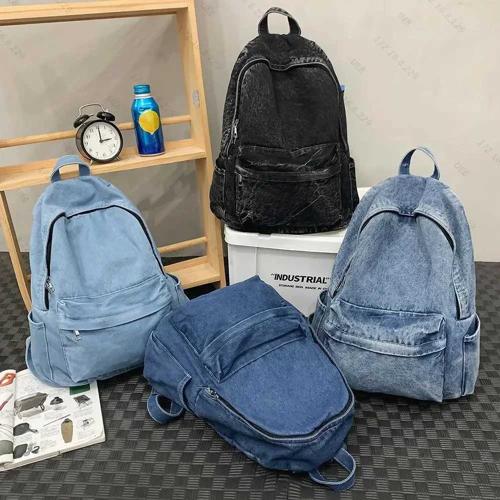 New denim backpack Shoulder Bag for Women Men Multipocket School bag canvas Zipper Retro Rucksack Solid Travel Gym bags mochilaT251016