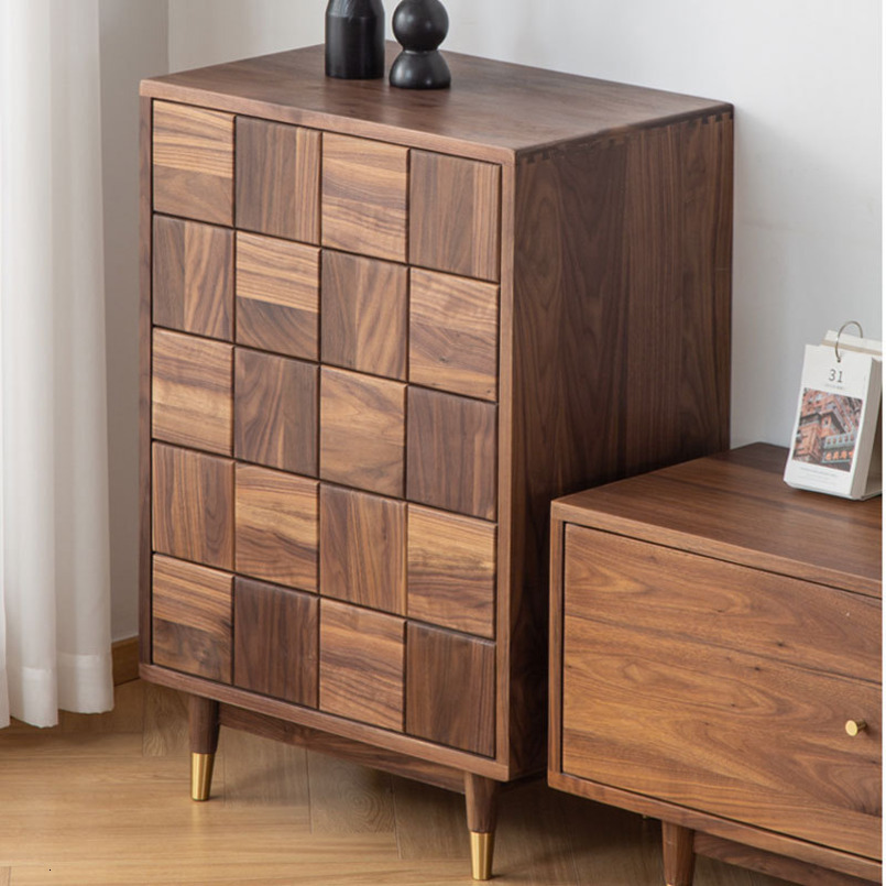 Nordic Light Luxury Solid Black Walnut Chest of Drawers, Five Drawer Storage Cabinet, Handcrafted Wood Dresser for Bedroom & Living Room