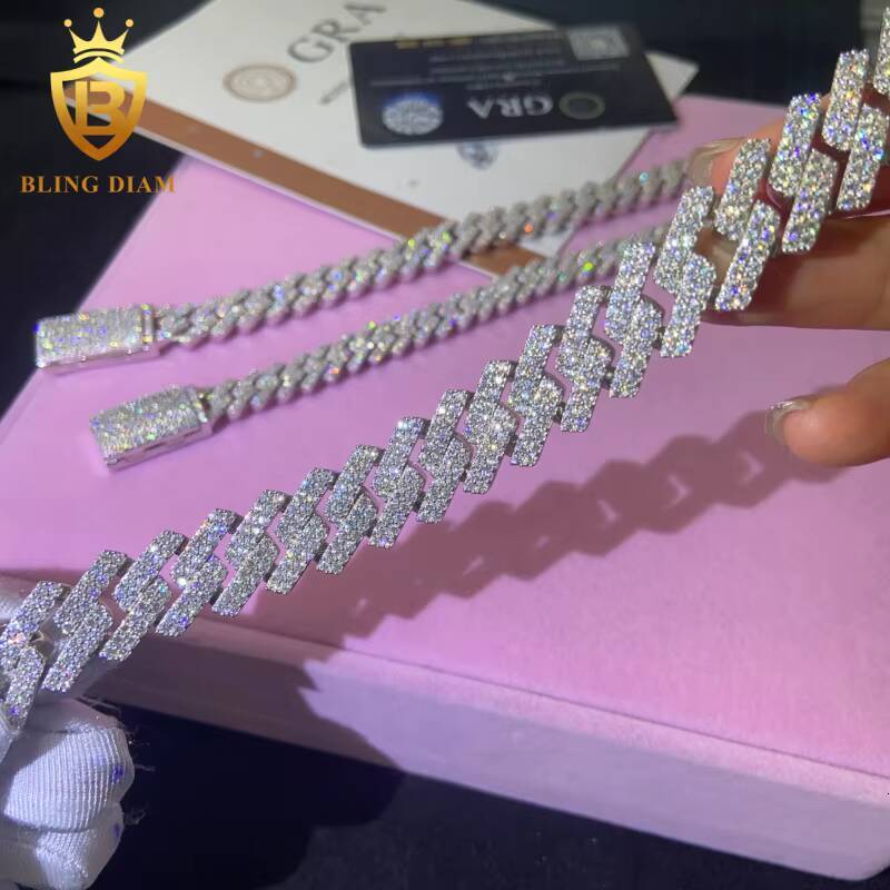 Fashion Cuban Moissanite 1015mm Link Chain VVS1 Iced Out Moissanite Diamond NecklaceBracelet 925 Silver Past Diamond Test