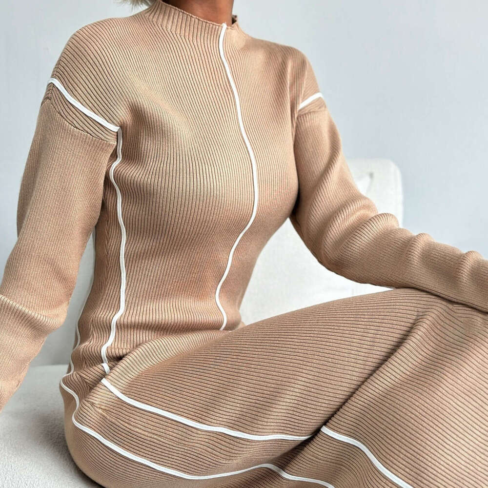 French Style Lazy Half High Collar Striped Color Block Slim Fit For Women High-End Mid-Length Bodycon Dress Autumn B5