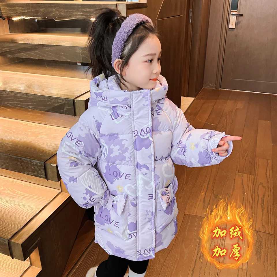 Girls Warm Down Cotton Jacket 2025 Winter Children Letter Heart Printed Hooded Coat Teen Windproof Skiing Suit Parka OuterwearT251016