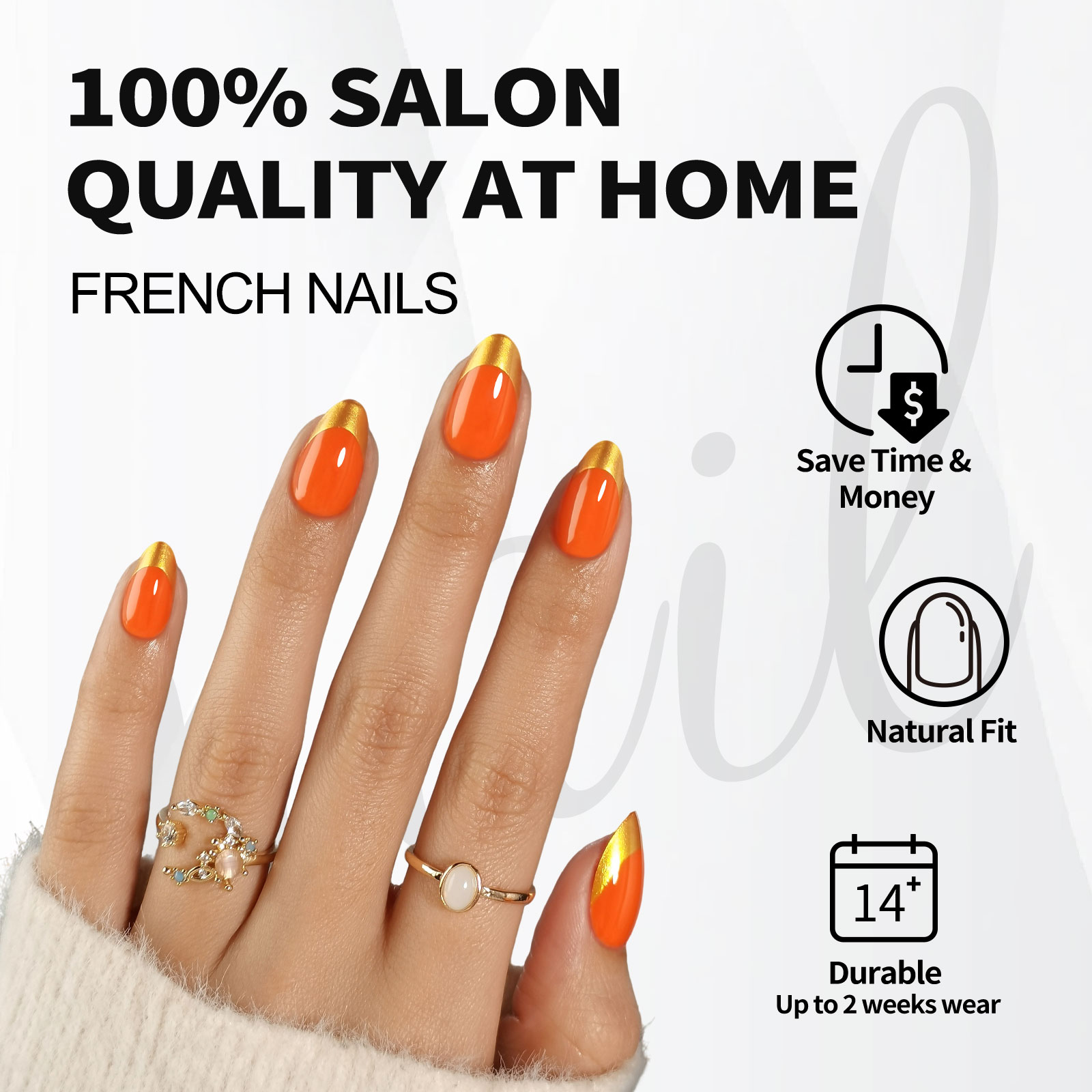 Reusable Gold French Tip Press-On Nails Soft Gel, Almond Shape, Fits All Fingers | Set of 32