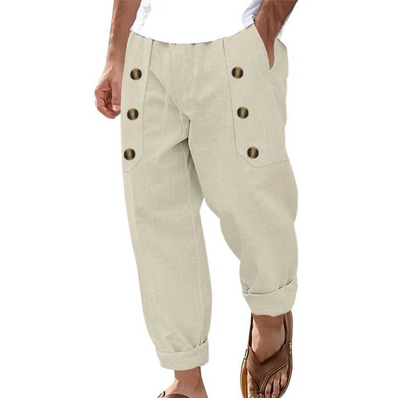 2025 American Casual Beach Men Casual Multibutton Cotton Linen Loose Trousers J251203