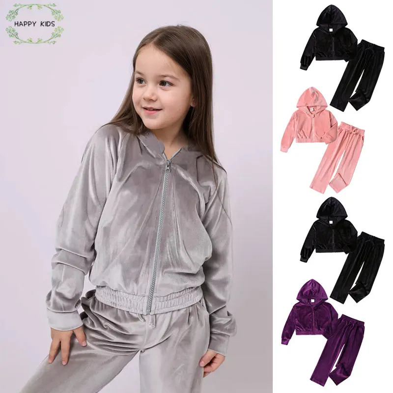 2Pcs 2025 Fashion Children Girls Velvet Sweatsuit Toddler Zipper Up Hoodie Jackets CoatPants Set Winter Kids Tracksuits Outfits 251016