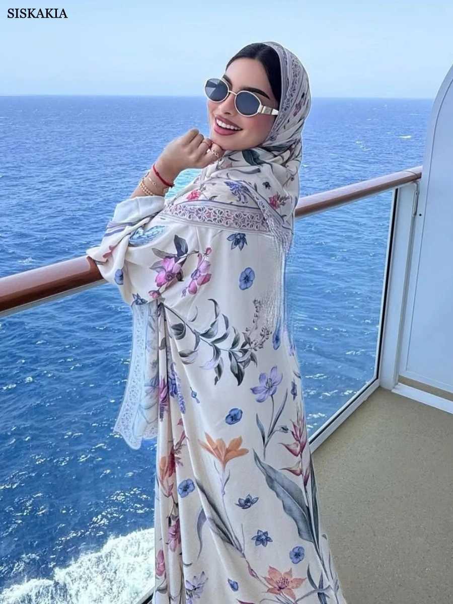 Siskakia New Dubai Elegant Floral Print open abaya Clothing Women Hijab included Stylish Loose Cardigan 2025 X251016