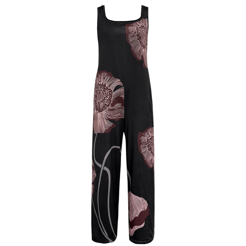 Women's Casual Vacation Square Neck Floral Printed Loose Milk Silk Jumpsuit - Black-CF53756