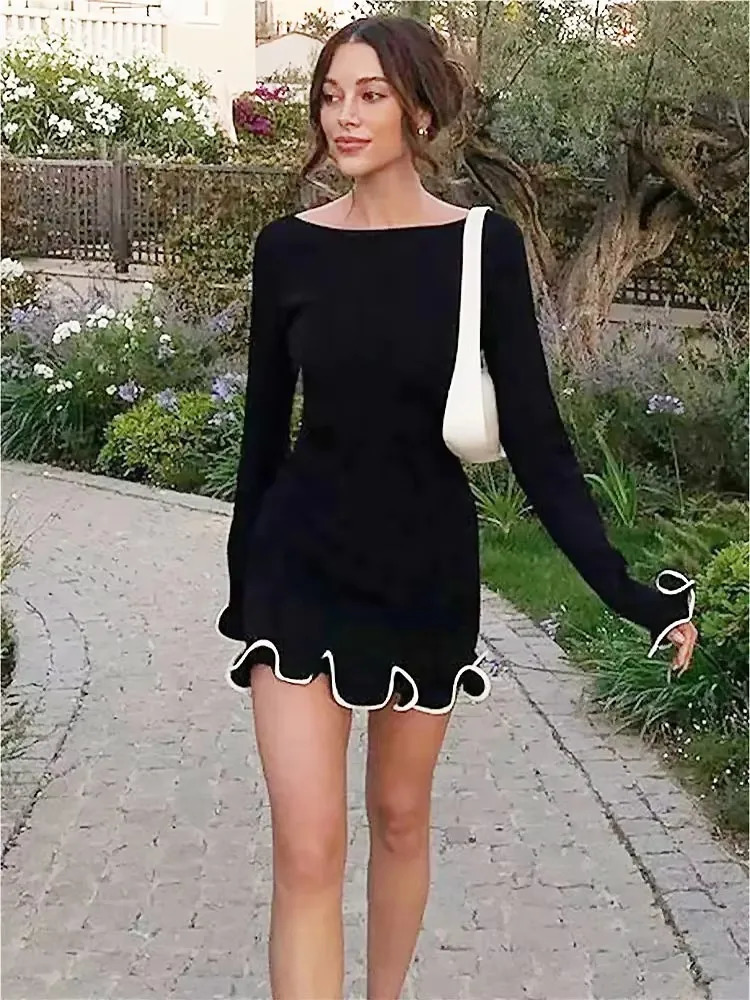 Fashionable womens sexy slim knit dress autumn high waisted party skirt wrapped hip ruffle edge short skirt 251009