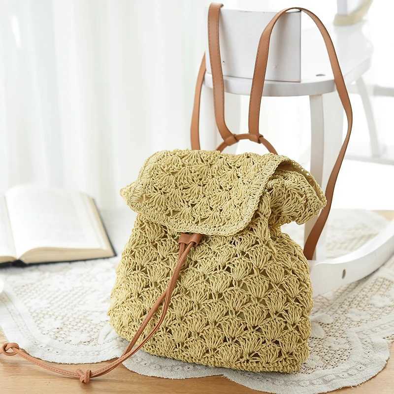 Beach Womens Backpacks Summer Straw Bags Drawstring Hollow Out Handmade Knitted Travel Backpack Design For Girls B018T251016