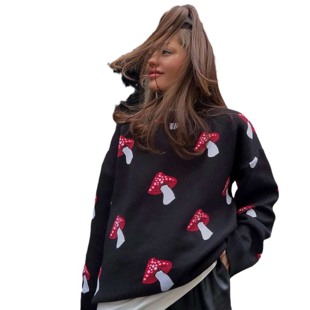 Loose Mushroom Sweater For Women, Round Neck, Long Sleeve, Pullover Knitted Sweater, Autumn Winter Top B5