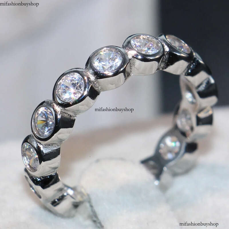 Cute Fashion Jewelry Sterling Sier Brand Desgin White Topaz CZ Dia Gemstones Party Women Wedding Circle Band Ring SetGift