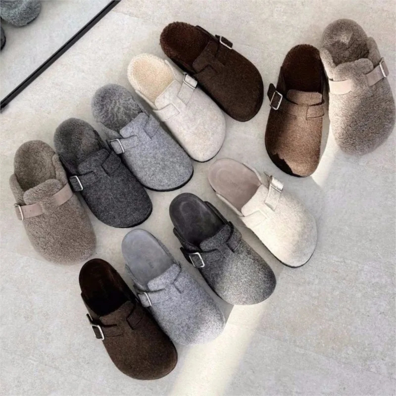 Gacimy Winter Fur Lined Mules For Women Warm Plush Indoor Outdoor Clogs Cotton Shoes with Adjustable Buckle Fluffy House Slipper 251013