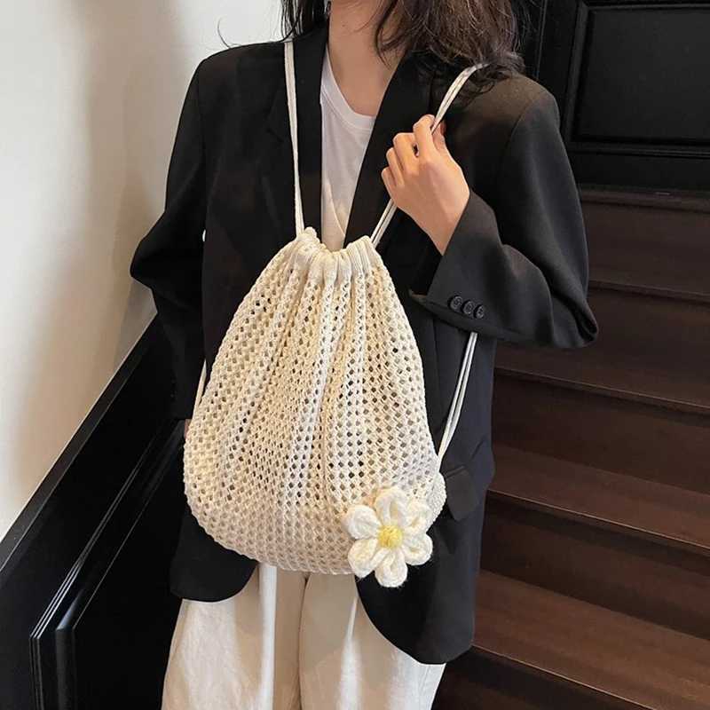 Solid Color Knitting Shoulder Bag Large Capacity Bohemian Crochet Backpack Hollow Out Versatile Beach Travel Tote Bag For WomenT251016