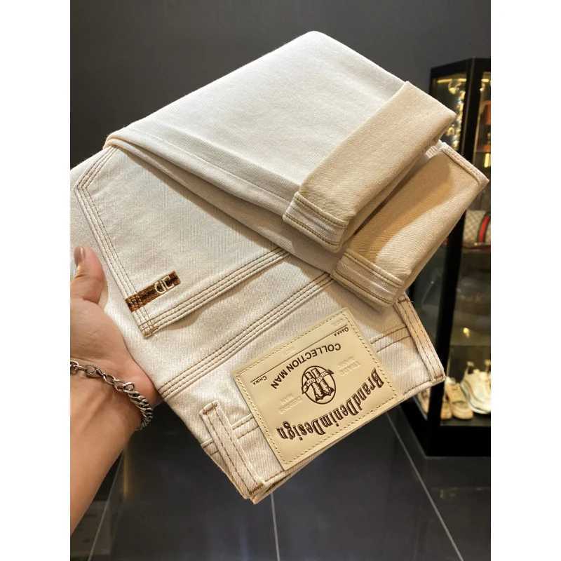 2025 autumn new beige straight leg jeans mens fashionable highend embroidery printed elastic casual long pants J251016